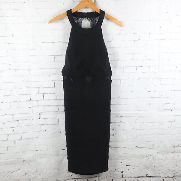 WINDSOR BLACK HIGH HALTER NECK BANDAGE DRESS WITH LACE & SHEER DETAIL SIZE 13 - Picture 1 of 10